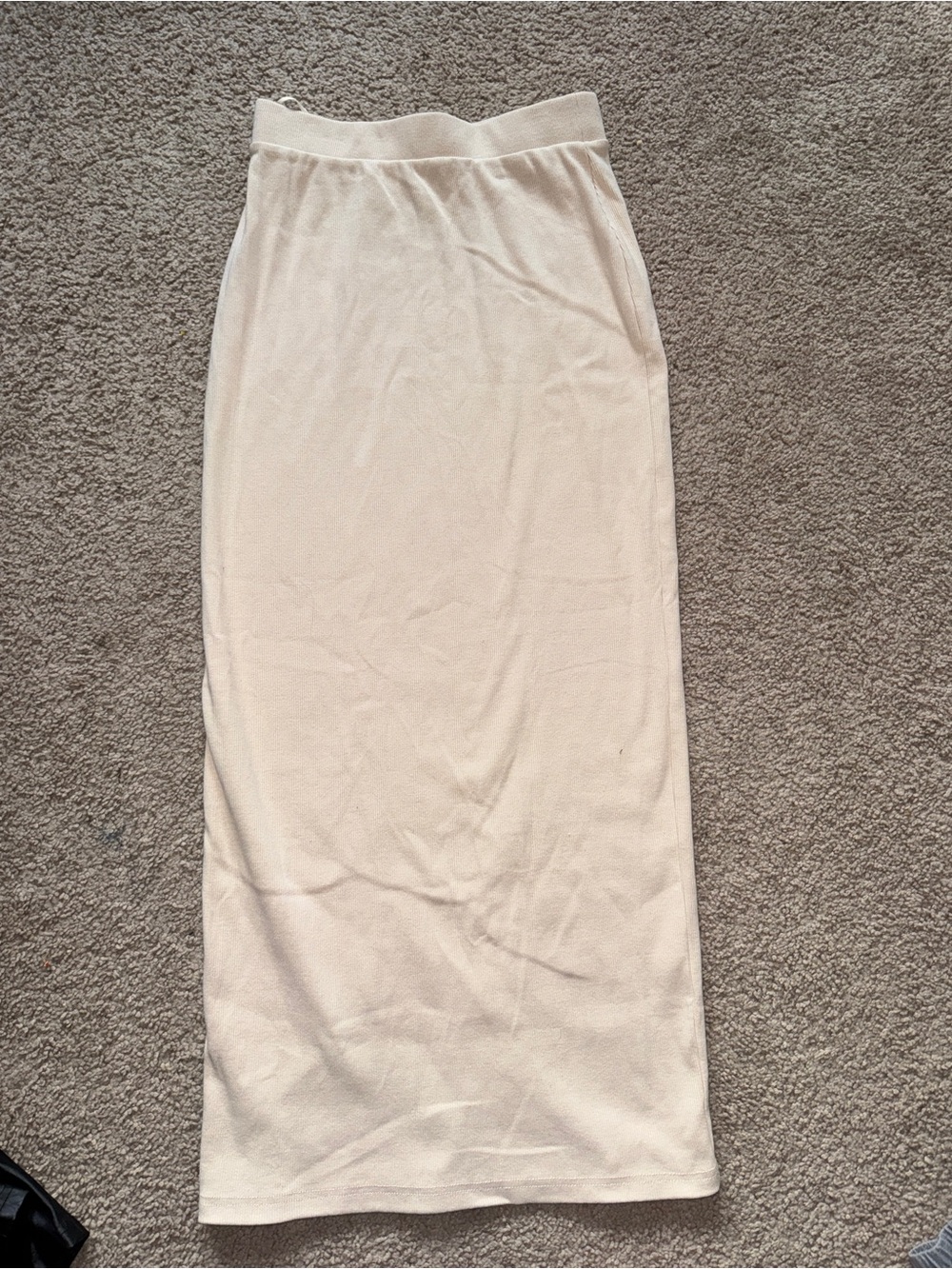 Cream Knit Pencil Midi Skirt with Elastic Waistband